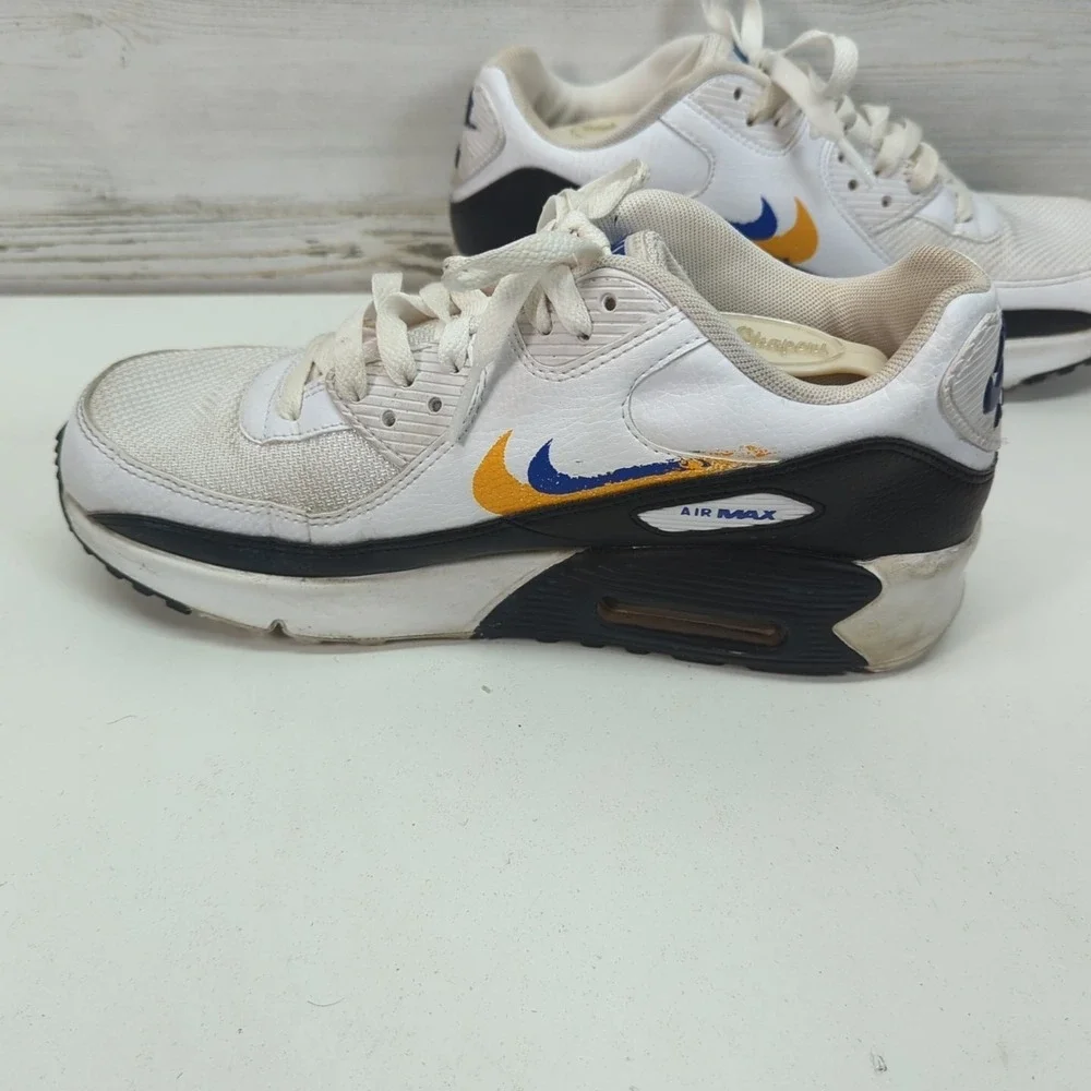 Nike Air Max 90 Double Swoosh White Black Gold Royal‎ FJ4592-100 7Y/8.5 Women